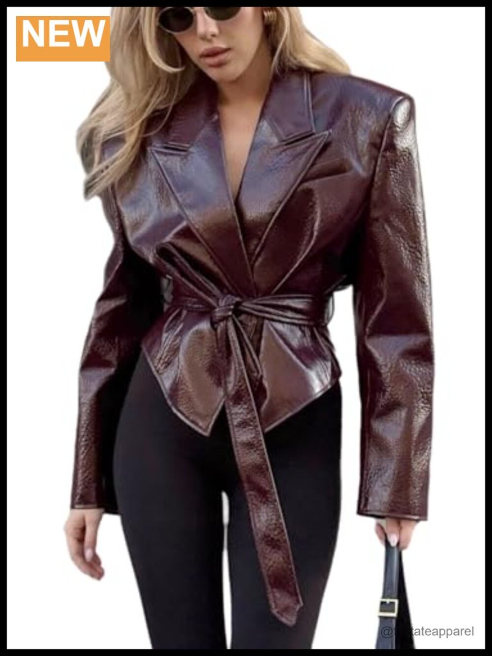 Womens PU Leather Casual Belt Jacket Blazer Trendy Coat Going Out Outerwear